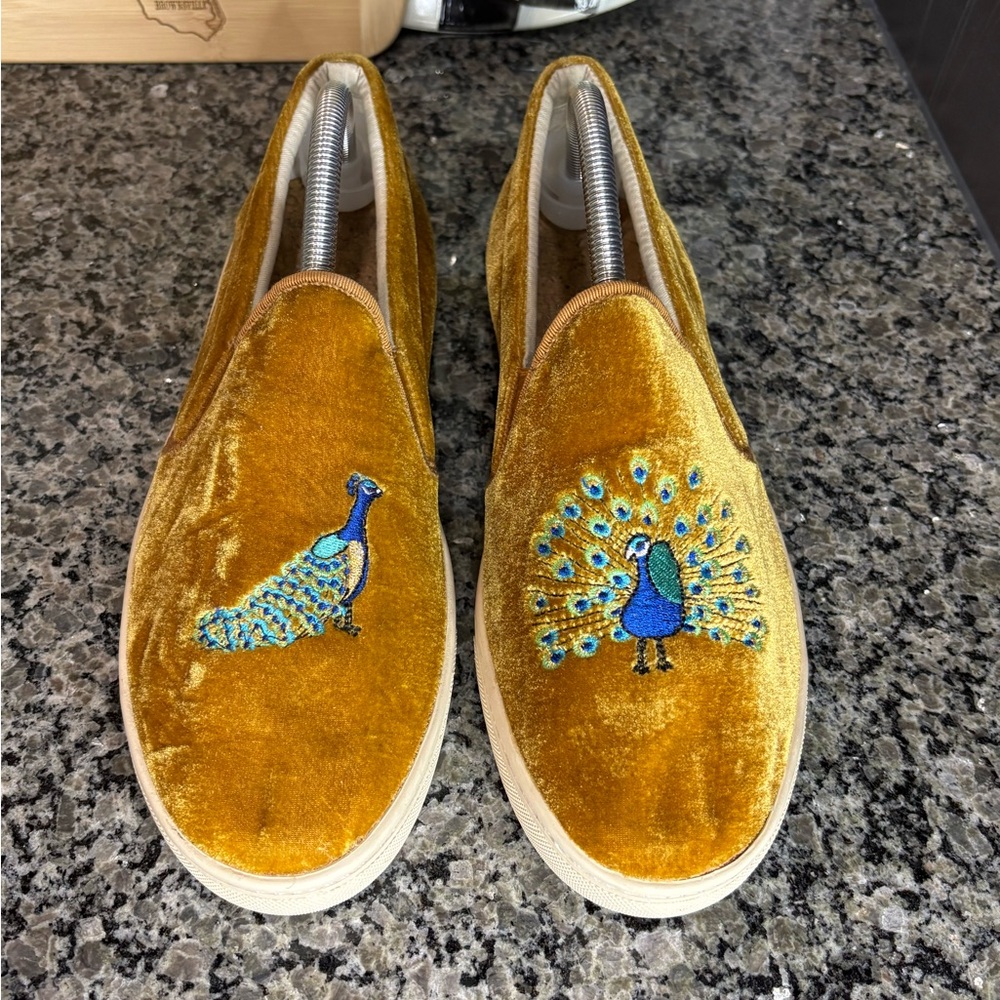 Soludos Gold Velvet Embroidered Peacock Sneakers Size 11